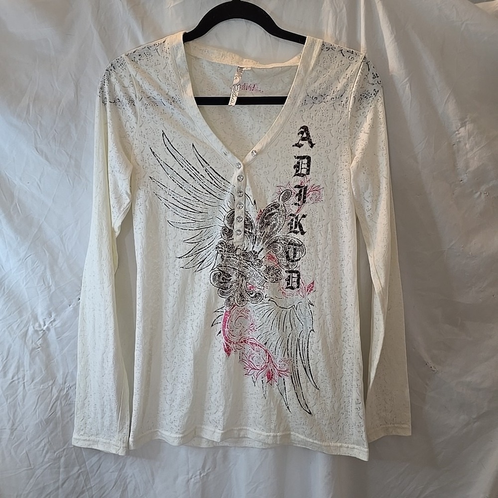 Adiktd Spellout Angel Wings Rhinestone Long Sleeve Shirt Y2K Vibes Semi-sheer L